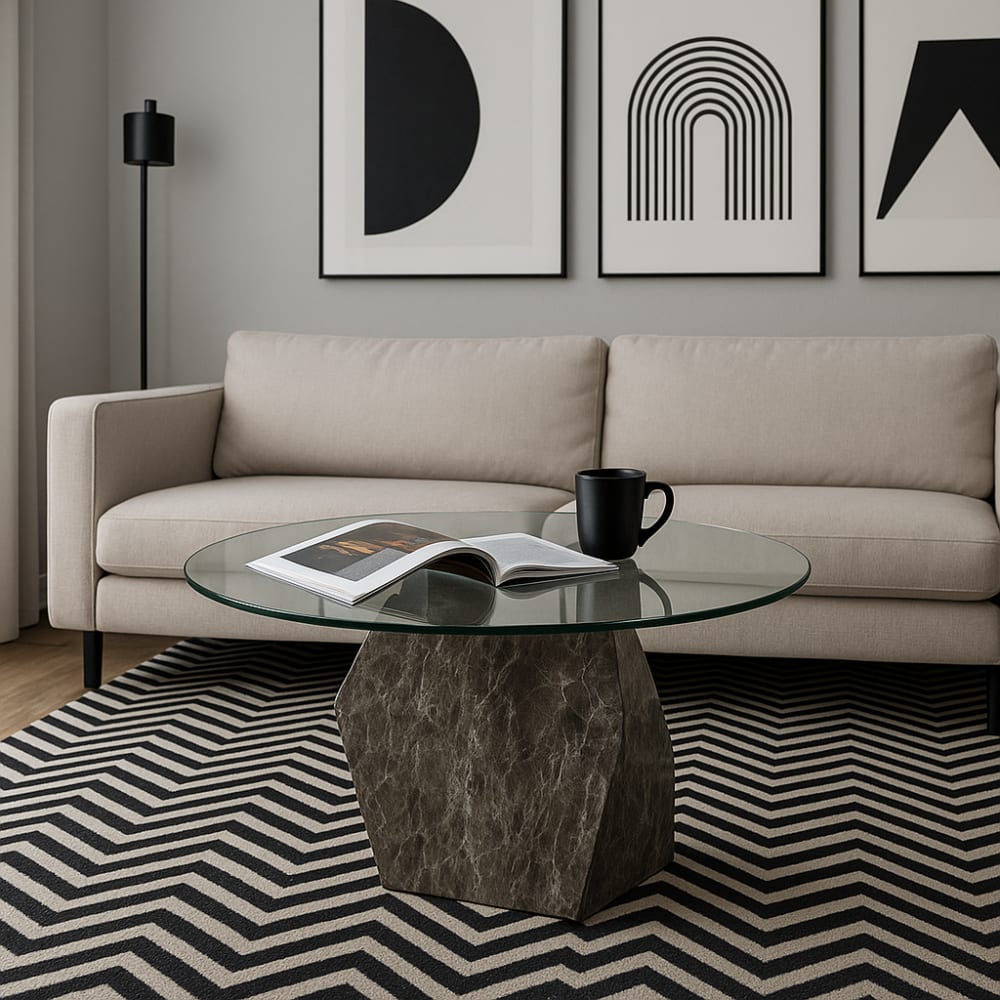 Couchtisch aus Glas und Stahl in Stein-Optik, grau, D90cm -