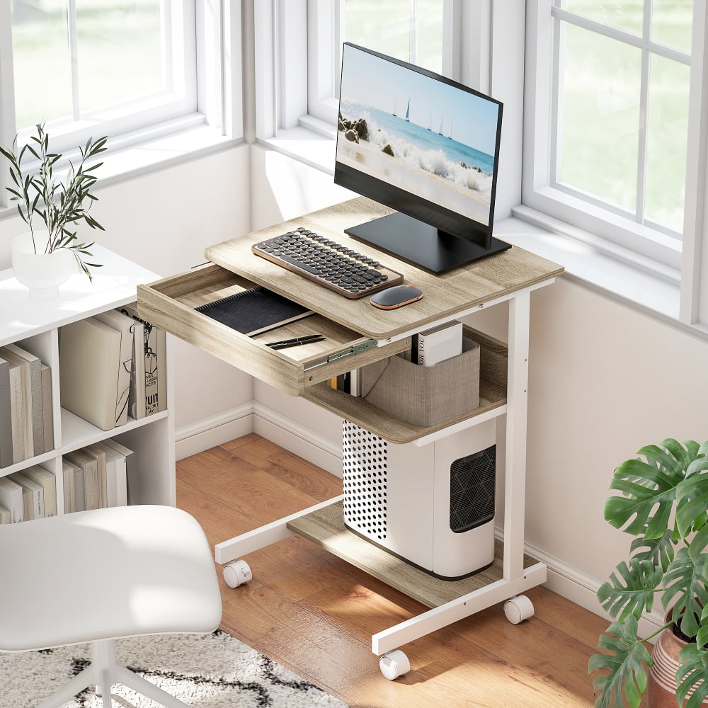 Bureau d'ordinateur sur roues avec tiroir en bois chêne