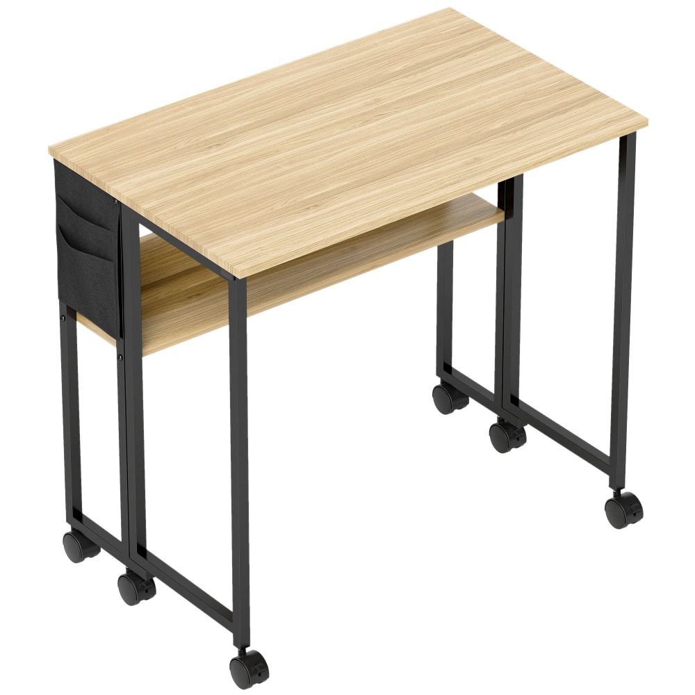 Bureau pliable sur roulettes étagère et sac de rangement chêne