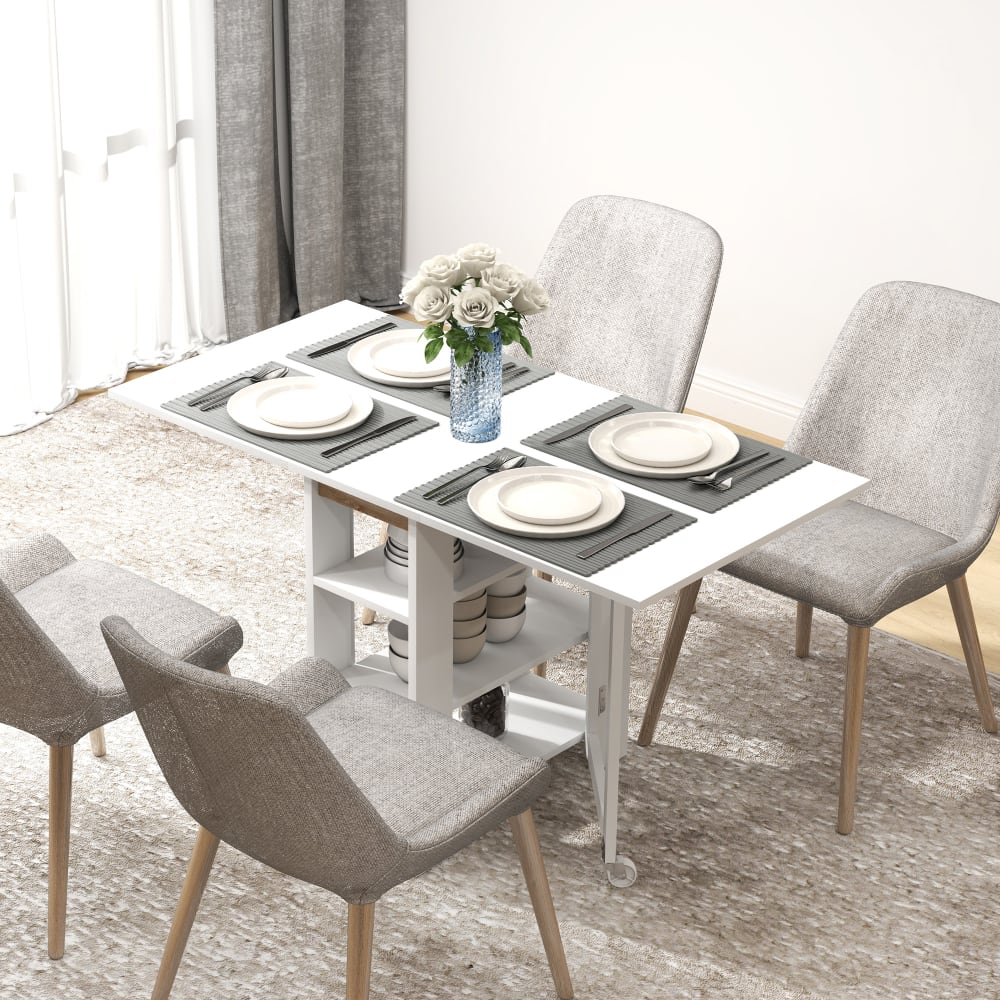 Table à manger pliable sur roulettes 2 abattants et 3 étagères blanc