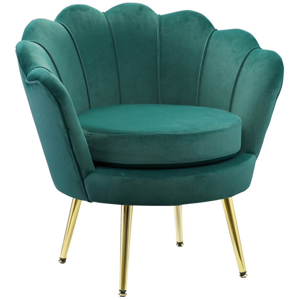 Fauteuil coquillage pieds métal doré velours vert foncé