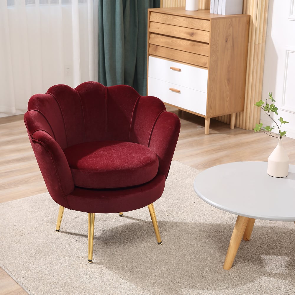 Fauteuil salon coquillage velours rouge