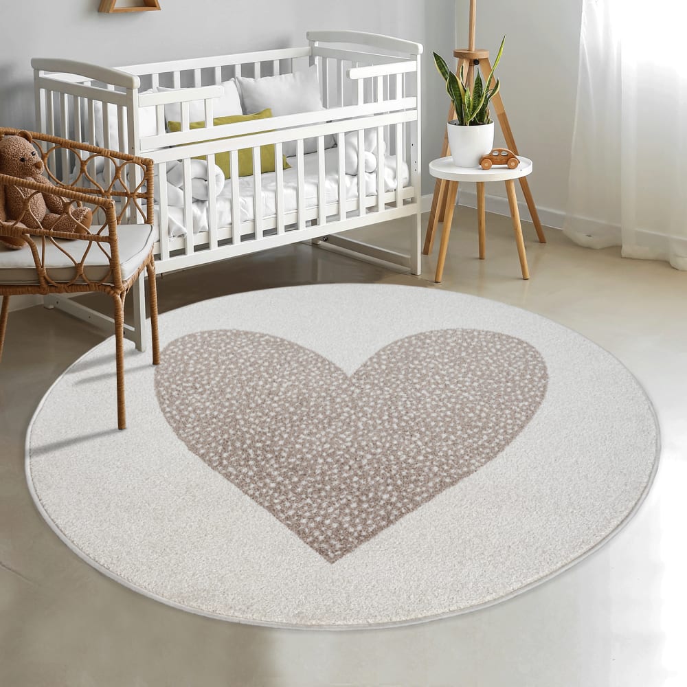 The carpet Kurzflor Kinderteppich Herz Modern, Creme, 120 cm, Rund style modern WEISS Öko-Tex Zertifikat PP - POLYPROPYLEN Kinder