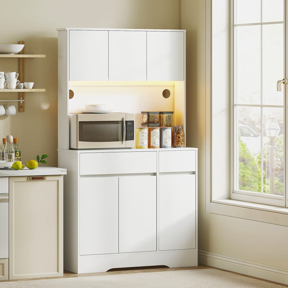 Buffet cuisine lumière LED RGB plan de travail bois d'ingénierie blanc