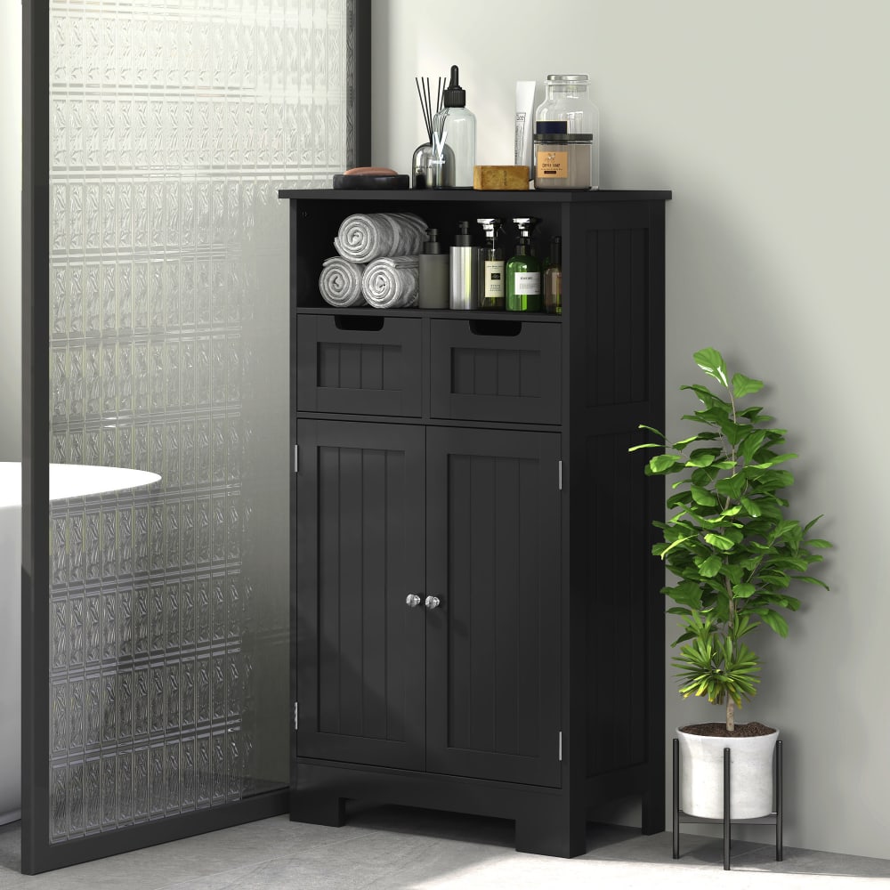 Badezimmer-Kommode, große Nische & 2 Schubladen, MDF schwarz -