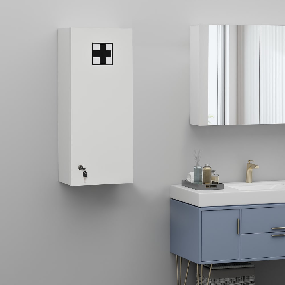 Armoire à pharmacie murale 5 étagères bois et verre blanc