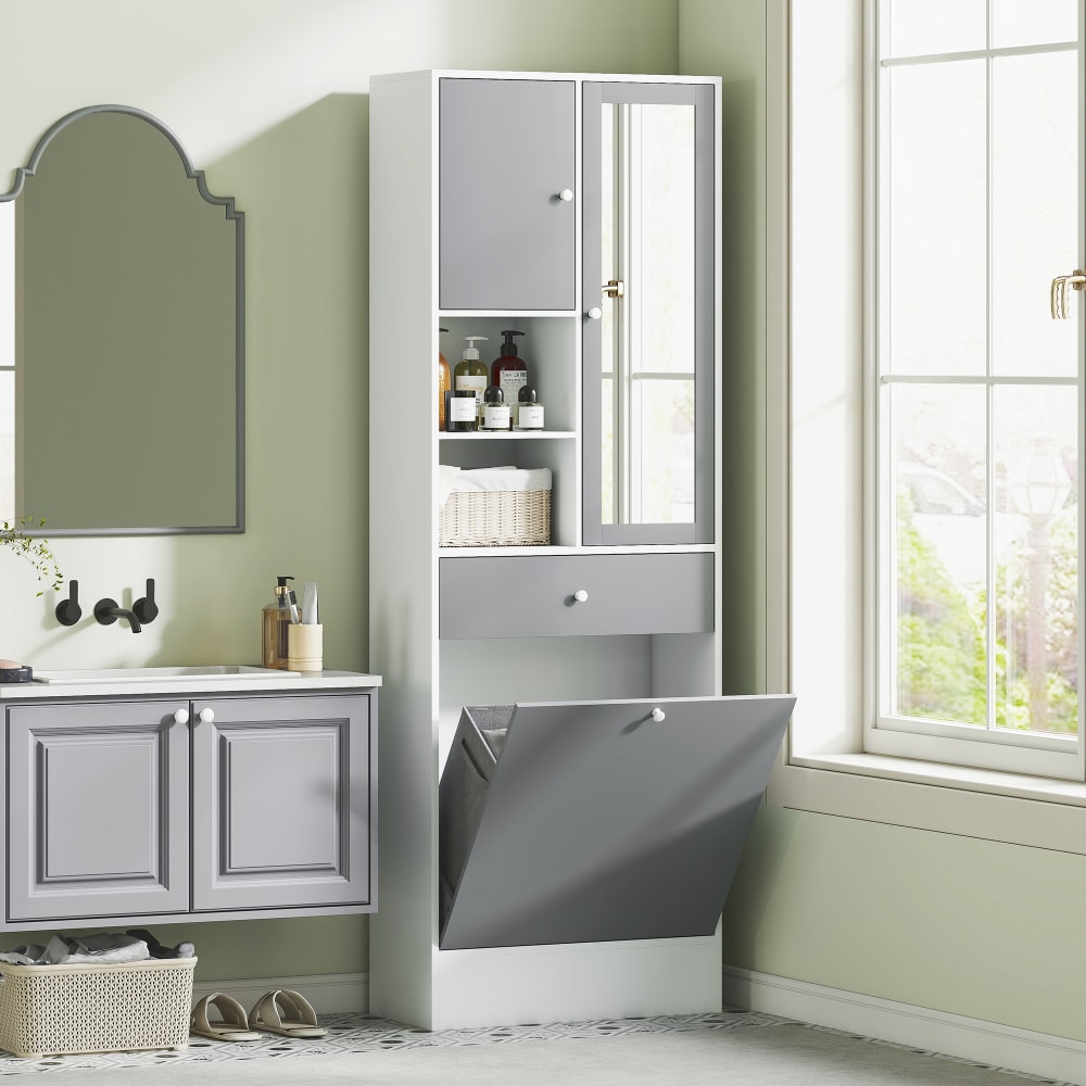 Meuble de salle de bain panier à linge et miroir gris et blanc