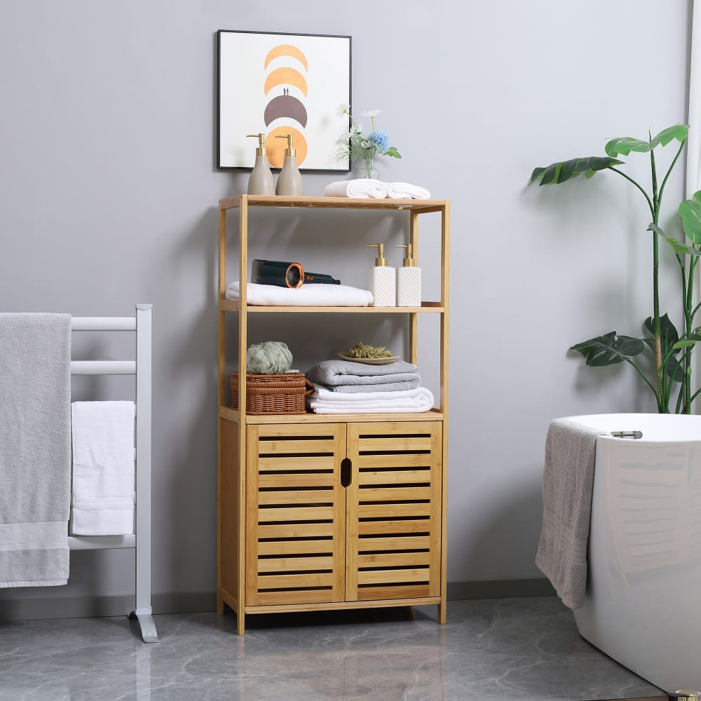 Bambus-Badezimmerschrank, 2 offene Fächer & Naturholzeffekt -
