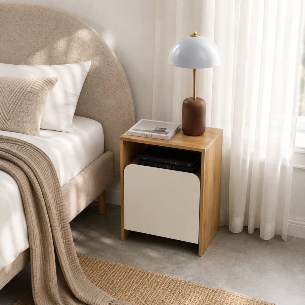 Table de chevet effet chêne et porte blanche