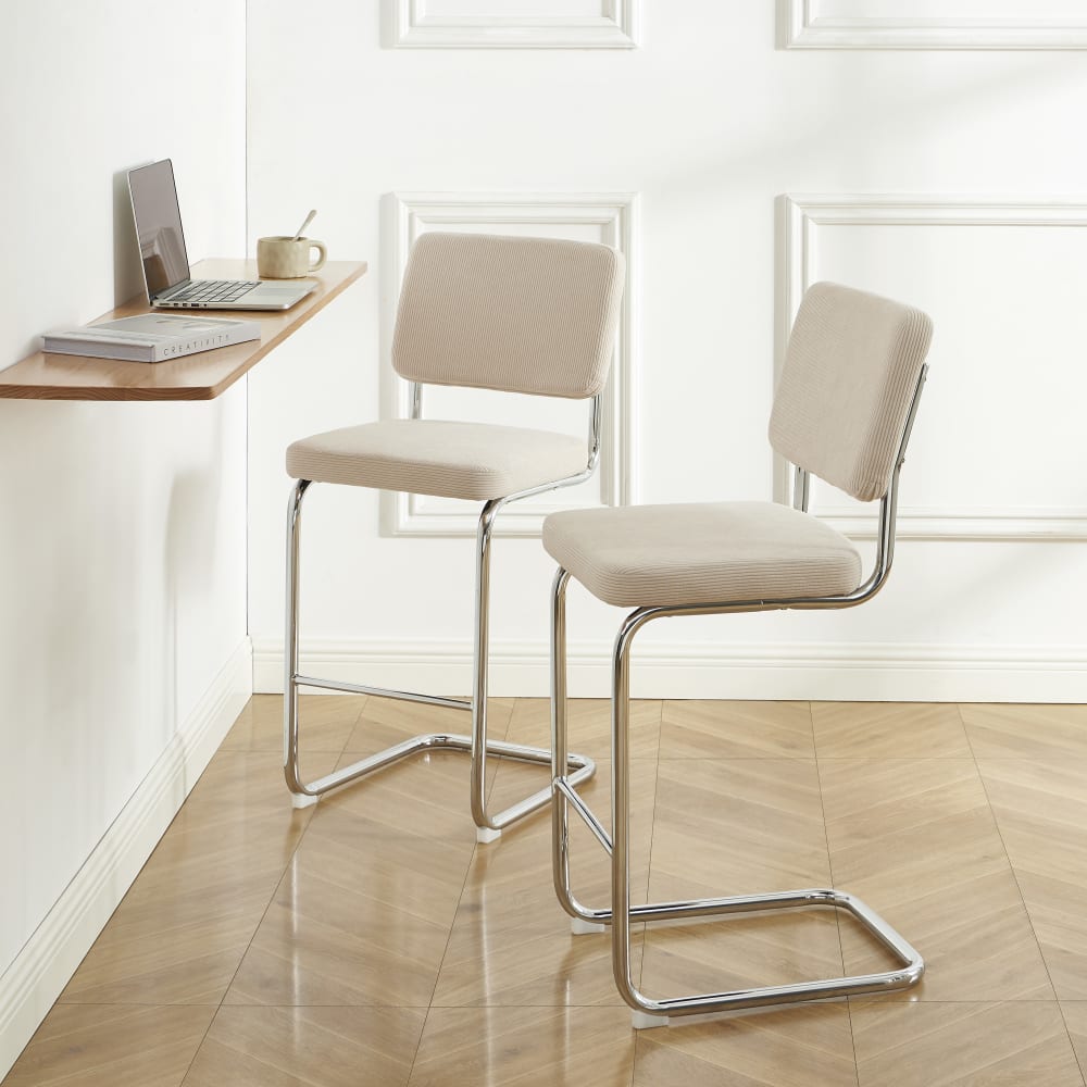 Tabouret de bar en velours côtelé beige piètement chromé