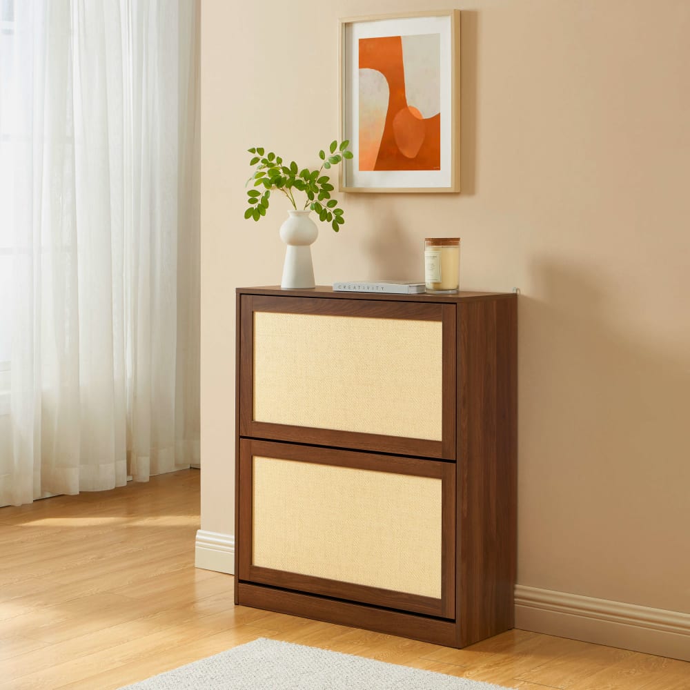 Meuble à chaussures  effet noyer et rotin