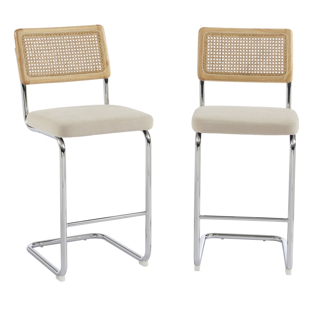 Lot de 2 chaises de bar en velours côtelé pieds chrome h66cm - beige Lot de 2 chaises de bar en velours côtelé pieds chrome h66cm - beige