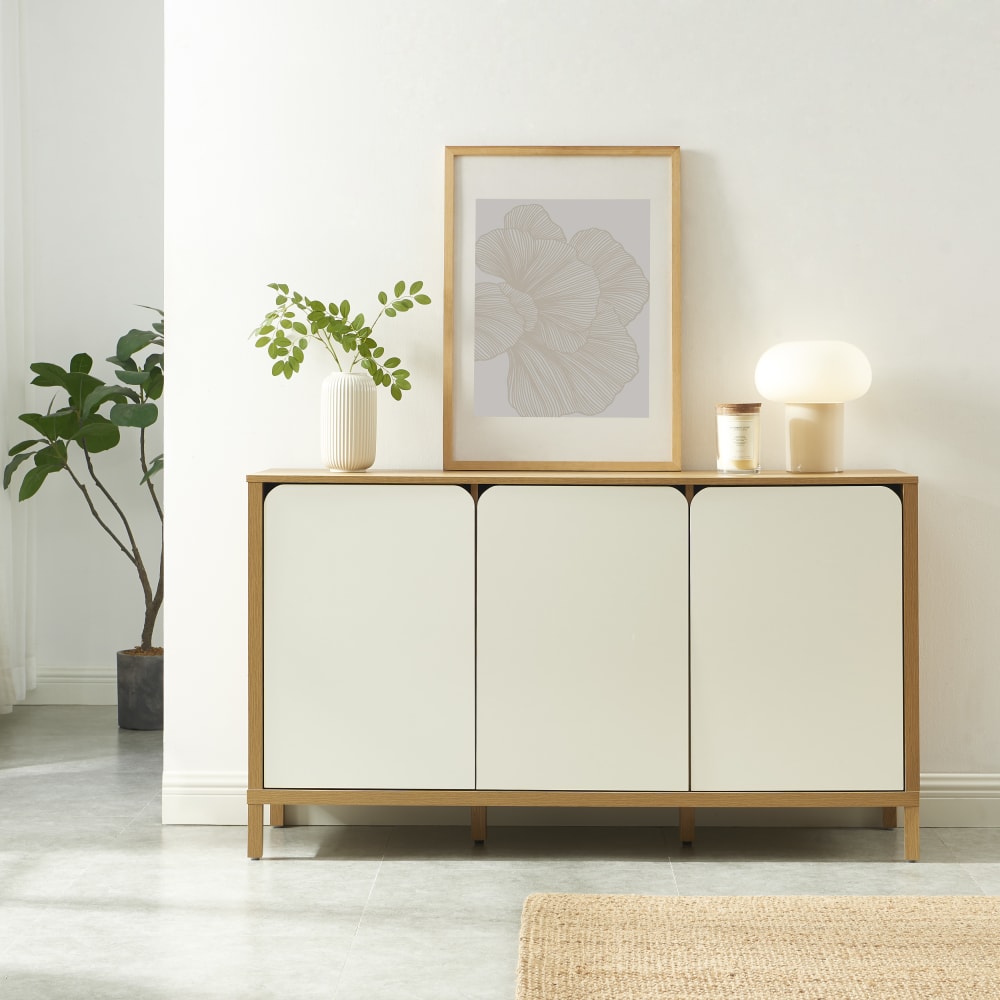 Buffet  effet chêne 3 portes blanches 140cm