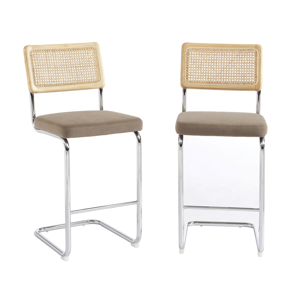 Lot de 2 chaises de bar en velours côtelé pieds chrome h66cm - taupe Lot de 2 chaises de bar en velours côtelé pieds chrome h66cm - taupe