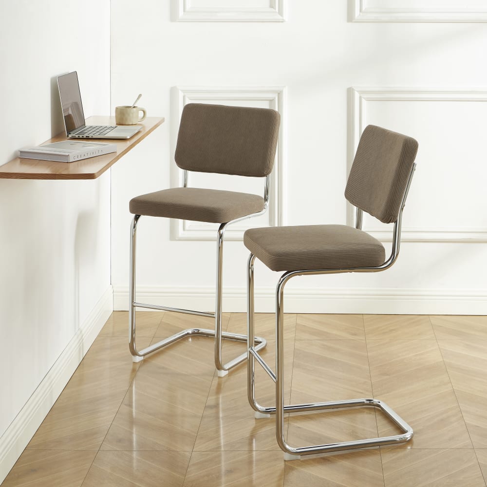 Tabouret de bar en velours côtelé grège piètement chromé