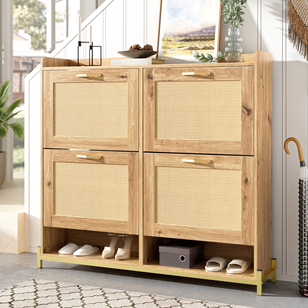 Schuhschrank aus MDF-Holz, in Rattanoptik mit 4 Flügeltüren,