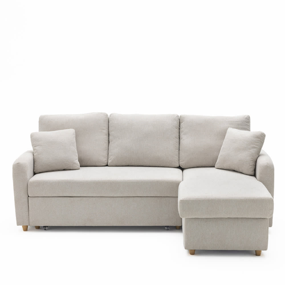 Canapé d'angle convertible 3 places en tissu avec coffre - Beige chiné