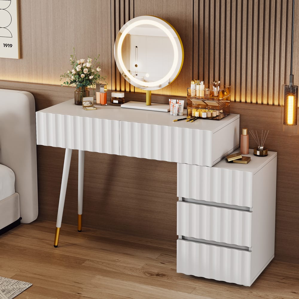 Schminktisch mit Wellendesign, LED-Beleuchtungsspiegel, Weiß -