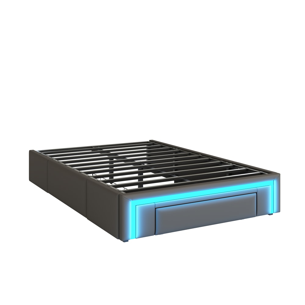 Cadre de lit simple gris en similicuir PU avec  LED et tiroirs
