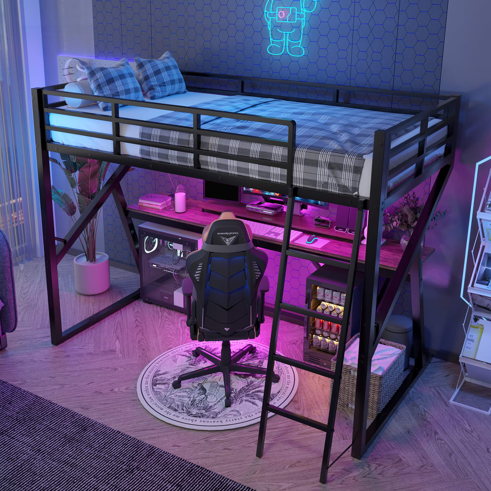 Lit superposé métallique enfant noir avec LED, bureau intégré