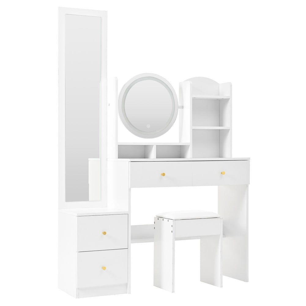 Set de coiffeuse blanche 4-en-1 avec long miroir, miroir ronde LED