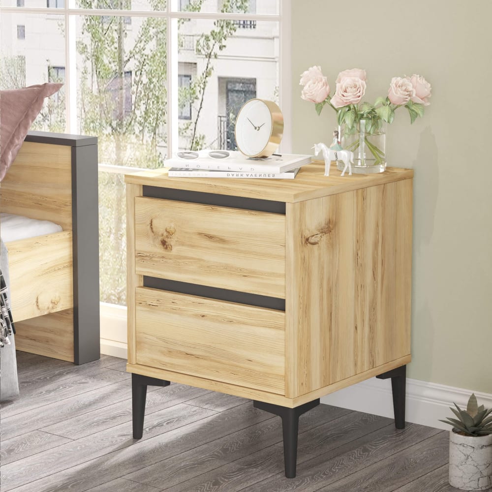 Table de chevet avec 2 tiroirs, marron clair et gris foncé