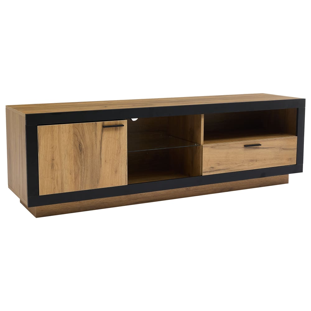 Meuble TV moderne effet bois et noir en verre avec éclairage LED