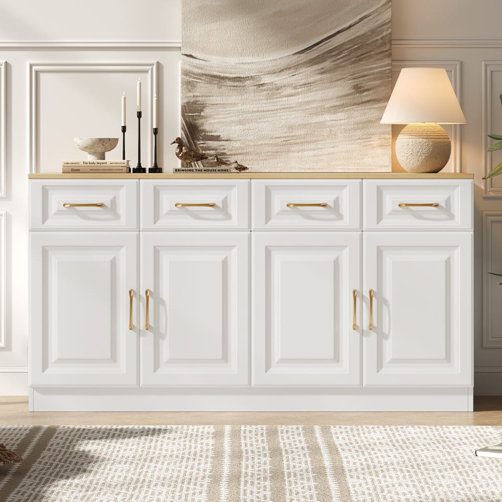 Buffet blanc fermier effet bois 4 tiroirs 4 portes