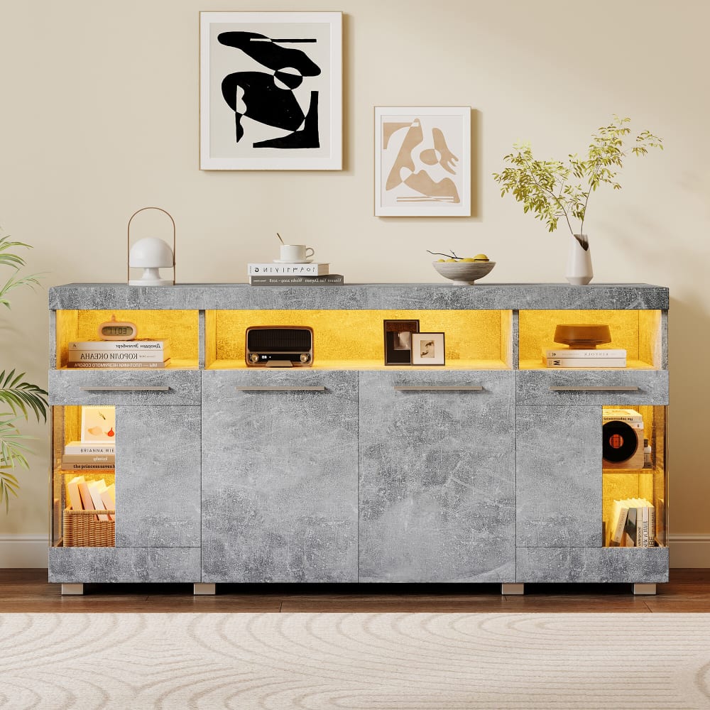 Sideboard aus Zement und Glas mit LED-Beleuchtung, Grau - Maisons