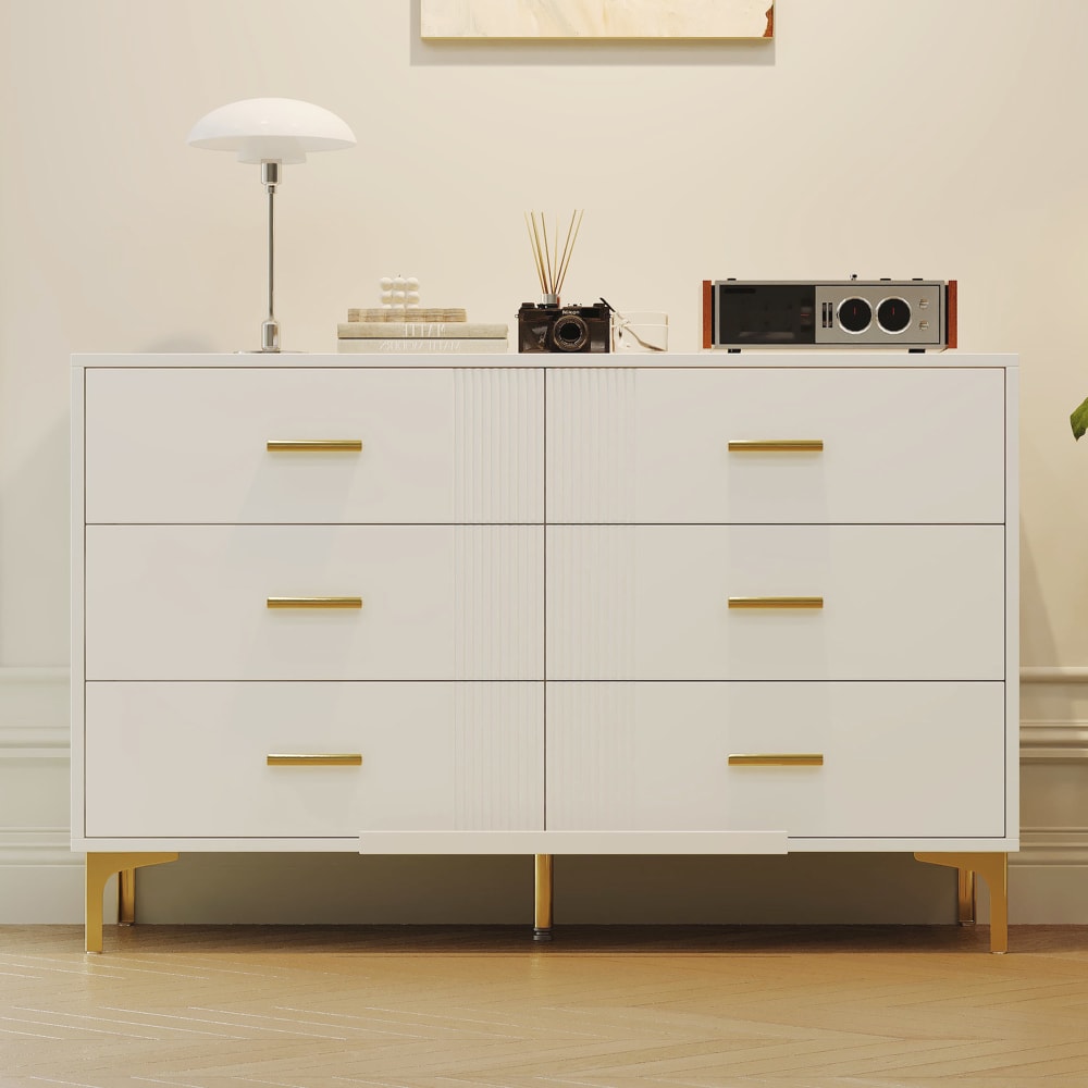 Elegante Kommode mit 6 Schubladen und Wellenmuster, Weiß -
