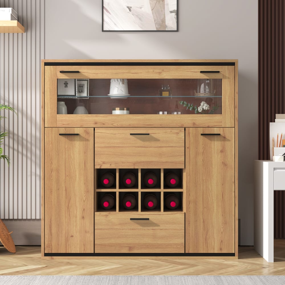 Hohes Sideboard mit Holzoptik, Flügeltür und LED-Beleuchtung,