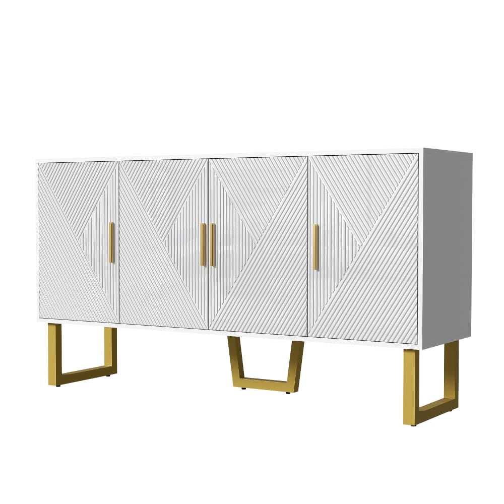 Buffet luxe blanc laqué portes texturées et accents dorées