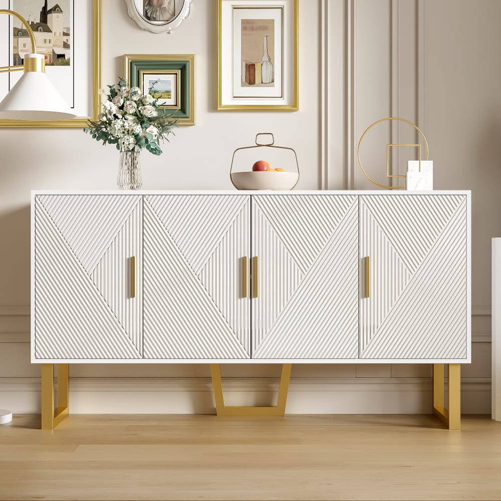 Buffet luxe blanc laqué portes texturées et accents dorées