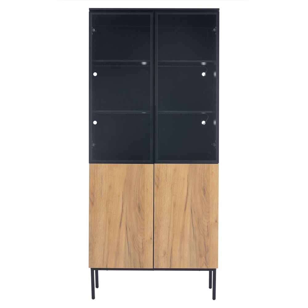 Vitrine haute noir et effet bois avec éclairage LED portes en verre