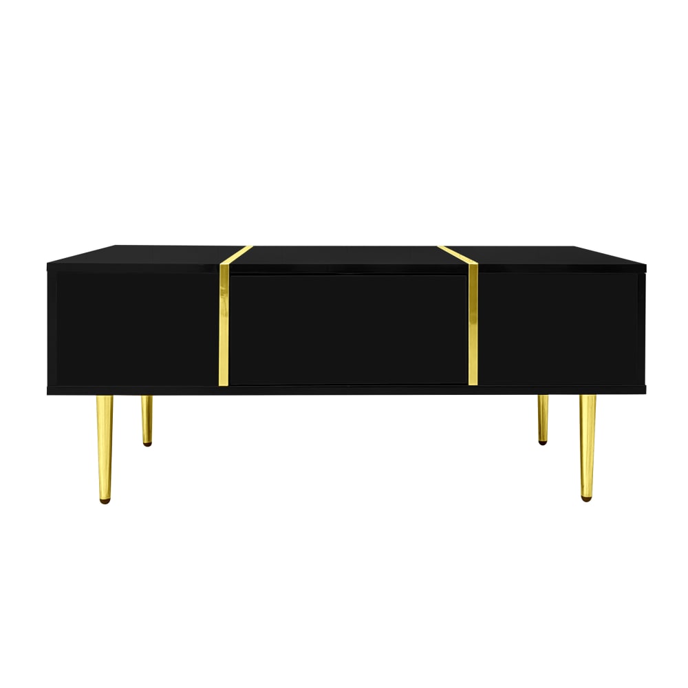 Table basse noire laquée et accents dorées, 2 tiroirs