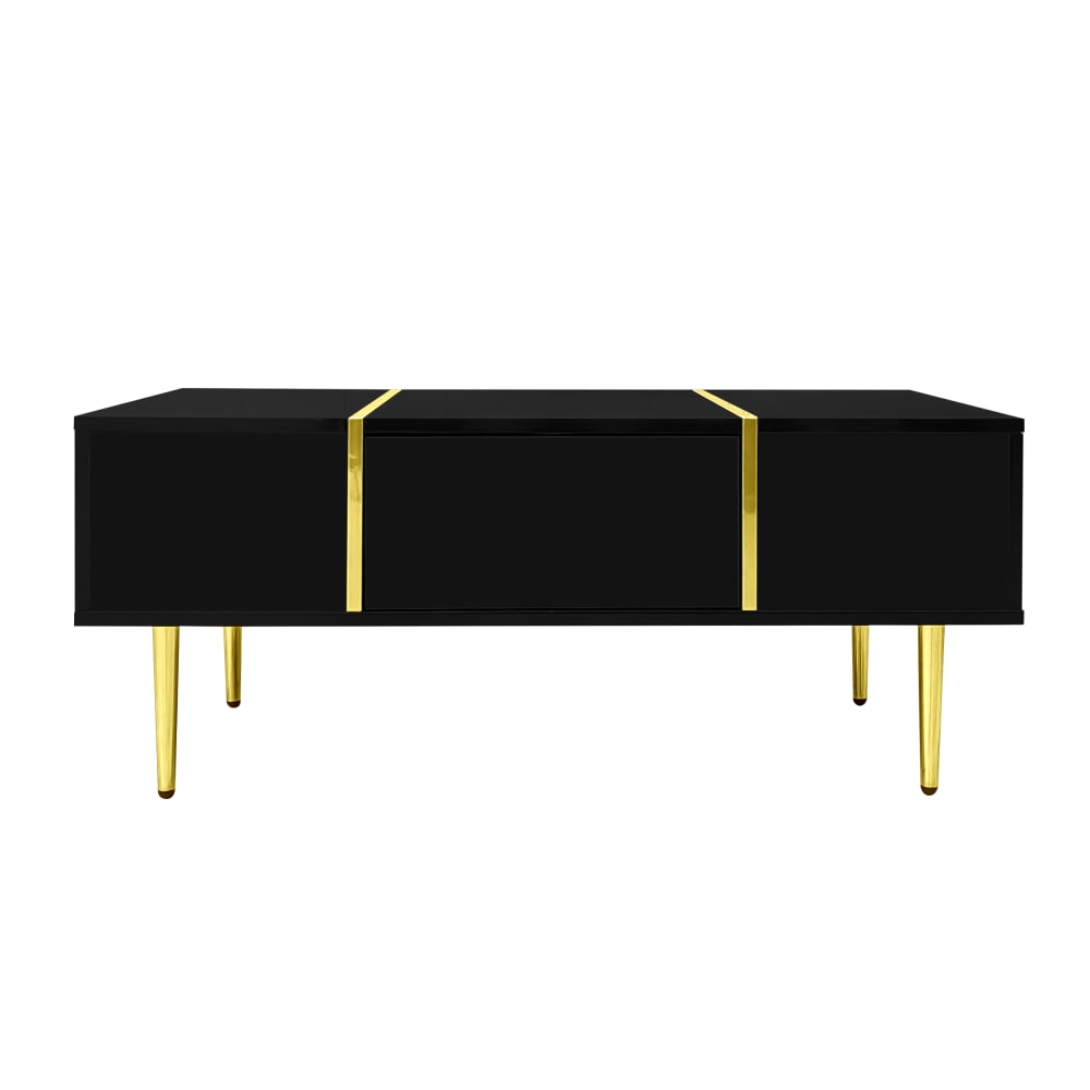 Table basse noire laquée et accents dorées, 2 tiroirs