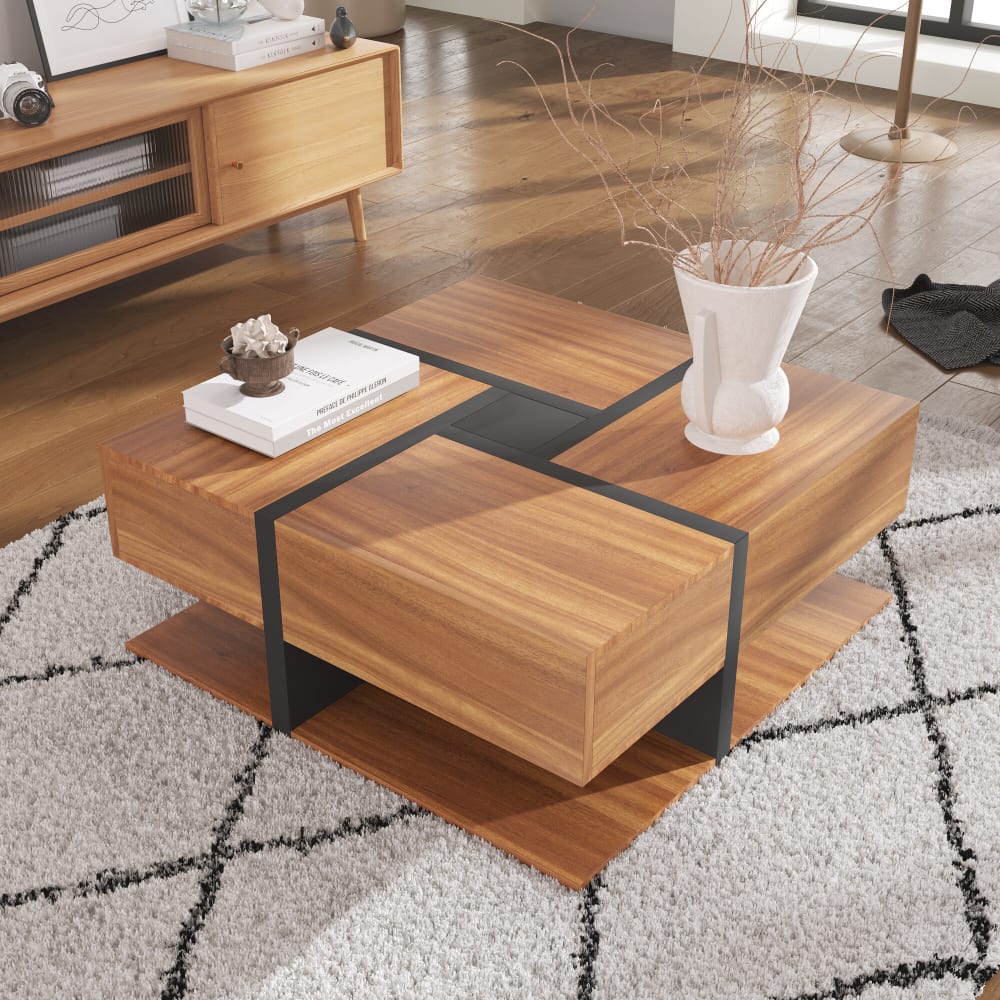 Table basse carrée effet bois 4 tiroirs et étagère ouverte