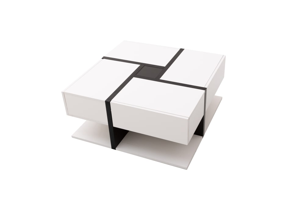 Table basse carrée moderne blanc brillante & noir avec tiroirs