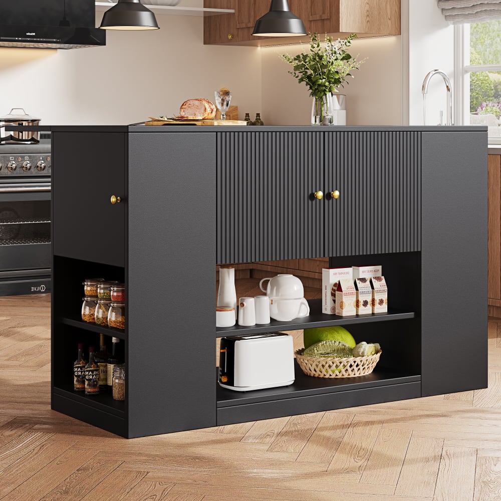 Îlot de cuisine noir motif ondulé extensible avec plateau pliant