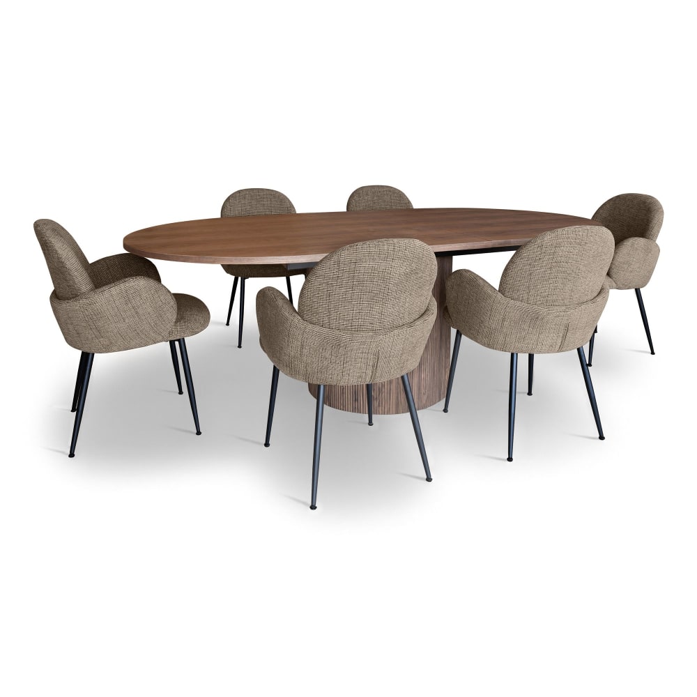 Ensemble table extensible ovale et 6 fauteuils en tweed tabac Ensemble table extensible ovale et 6 fauteuils en tweed tabac