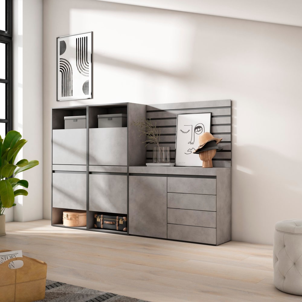 Skraut home Schuhschrank Holzeffekt 227x35x145cm Zement style modern Grau Spanplatte