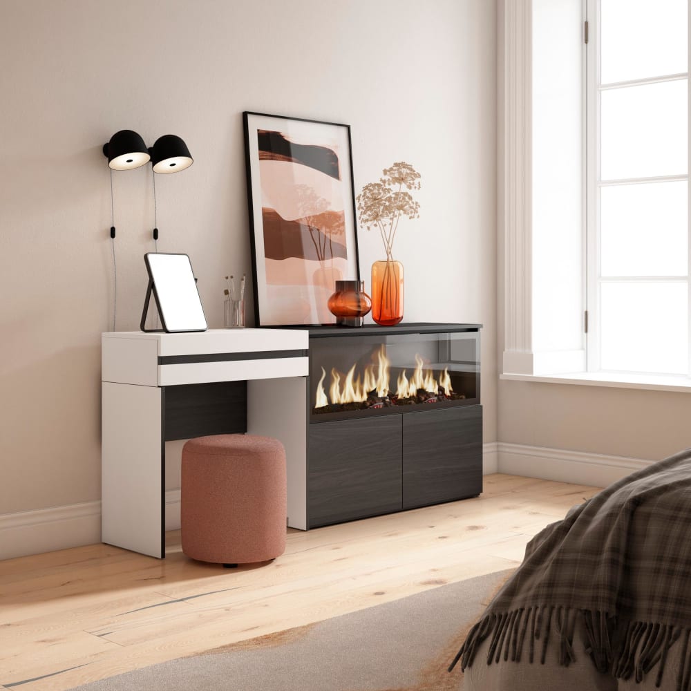 Skraut home Schminktisch Holzeffekt Kamin mit Feuereffekt XXL 177x35x75cm Weiß style modern Weiß Spanplatte