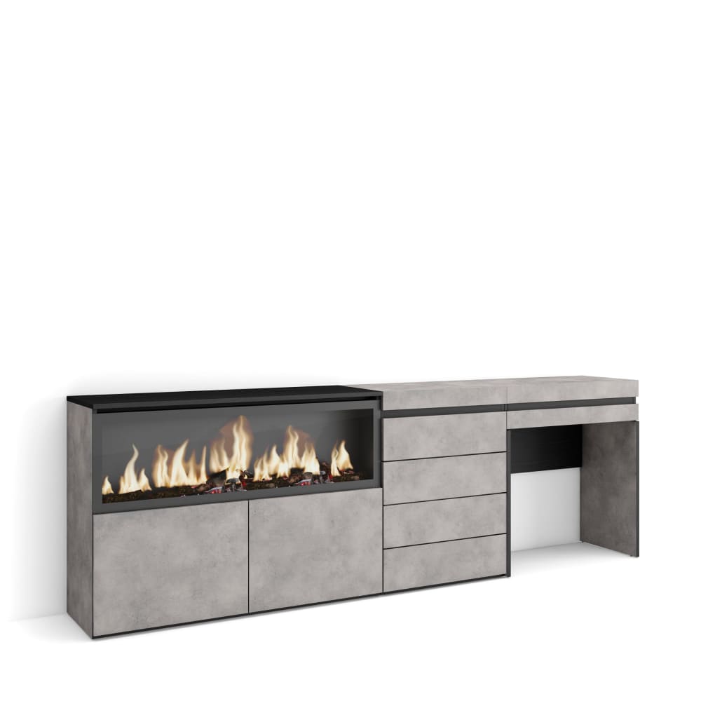 Coiffeuse effet bois ciment 234x35x75cm cheminée effet feu XXL