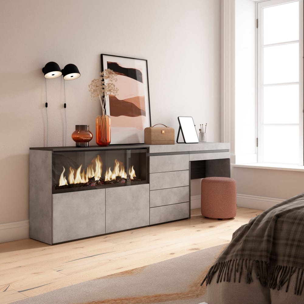 Skraut home Schminktisch Holzeffekt Kamin mit Feuereffekt XXL 234x35x75cm Zement style modern Grau Spanplatte