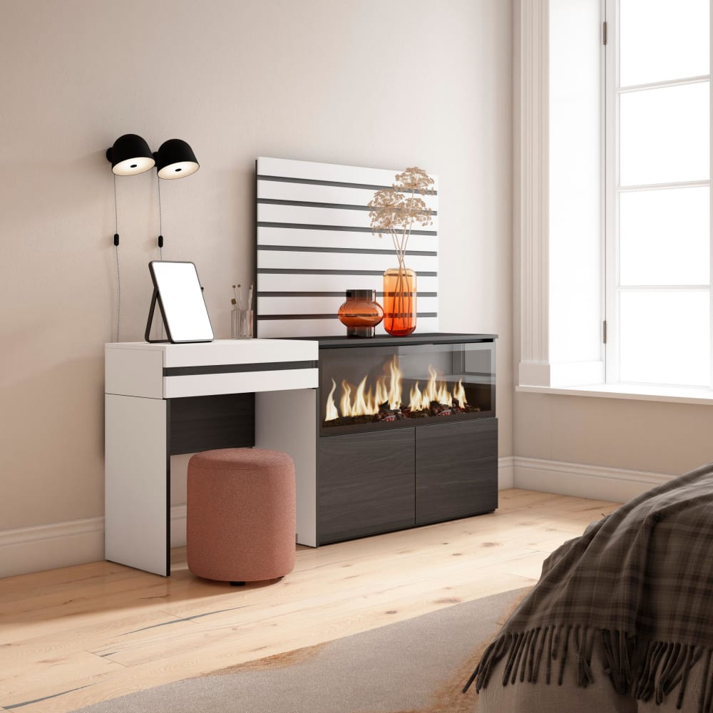 Skraut home Schminktisch Holzeffekt Kamin mit Feuereffekt XXL 177x35x145cm Weiß style modern Weiß Spanplatte