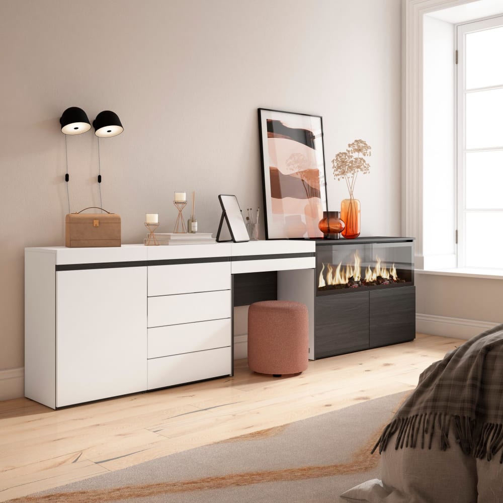Skraut home Schminktisch Holzeffekt Kamin mit Feuereffekt XXL 284x35x75cm Weiß style modern Weiß Spanplatte