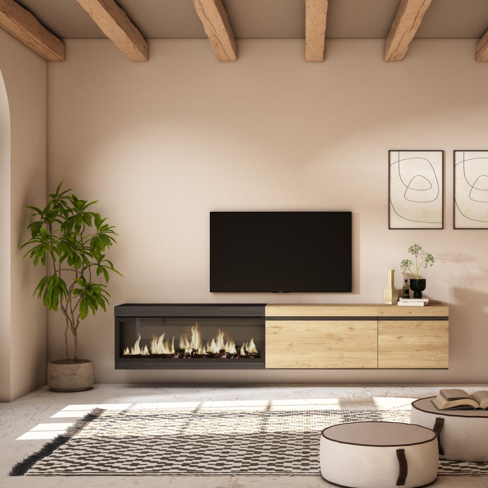 Skraut home TV-Möbel Holzeffekt Kamin mit Feuereffekt 237x35x45cm Eiche Schwarz style modern Beige Spanplatte