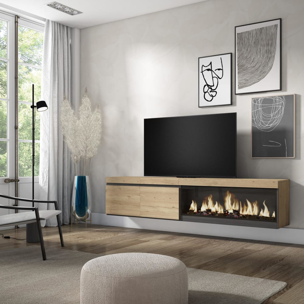 Skraut home TV-Möbel Holzeffekt Kamin mit Feuereffekt XXL 208x35x45cm Eiche style modern Beige Spanplatte