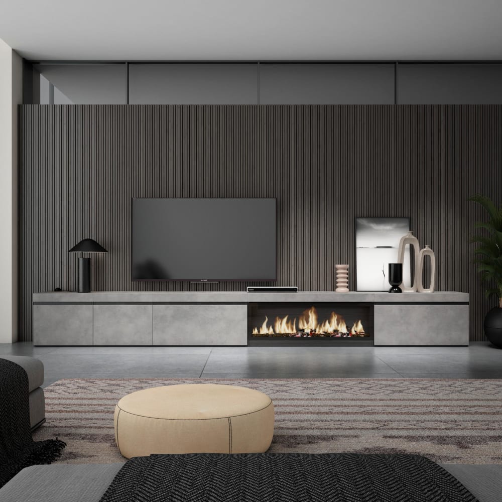 Skraut home TV-Möbel Holzeffekt Kamin mit Feuereffekt XXL 368x35x45cm Zement style modern Grau Spanplatte