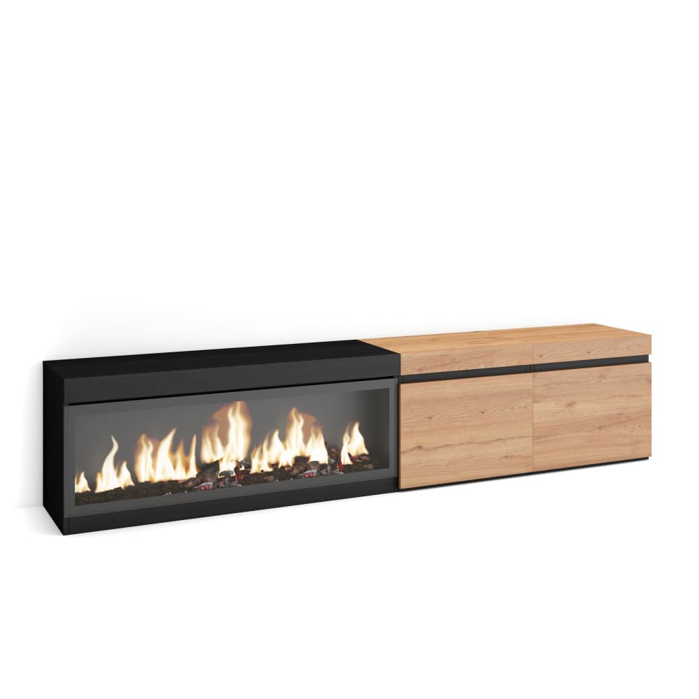 Meuble tv effet bois de chêne noir 208x35x45cm cheminée effet feu XXL